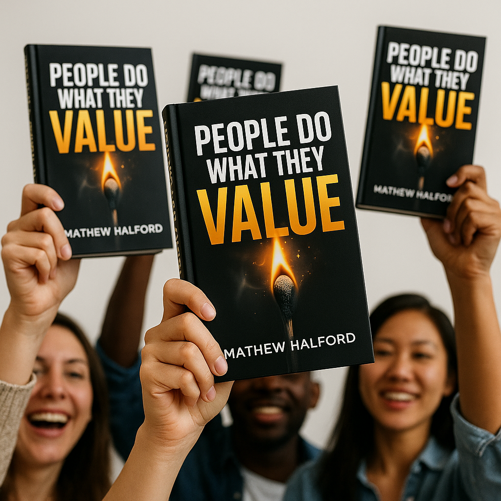 People holding copies of People Do What They Value by Mathew Halford